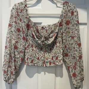 Floral Smocked Top - White with Red & Green Flower Print